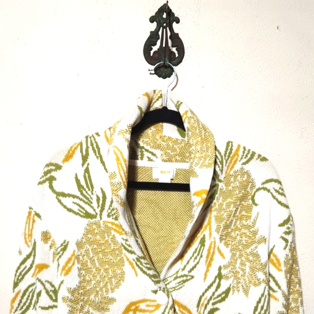 Maeve Anthropology Tropical Pineapple Knit 100% Cotton Cardigan Size M Like New - Picture 3 of 14
